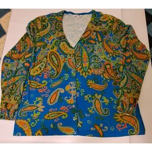 Isaac Mizrahi Live Blue Paisley Knit Cardigan XL Sweater Button Lightweight Soft